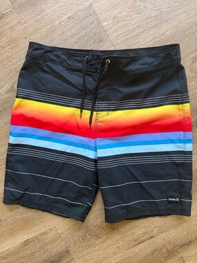 Hurley Black Boardshorts with Rainbow Stripe Band
